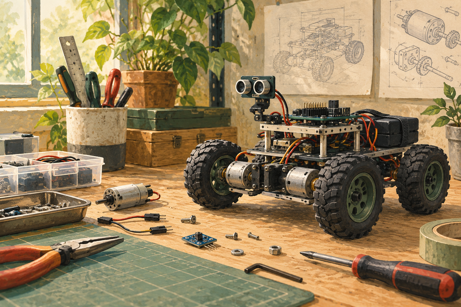Editorial illustration of a small autonomous robot on a mechatronics workbench.